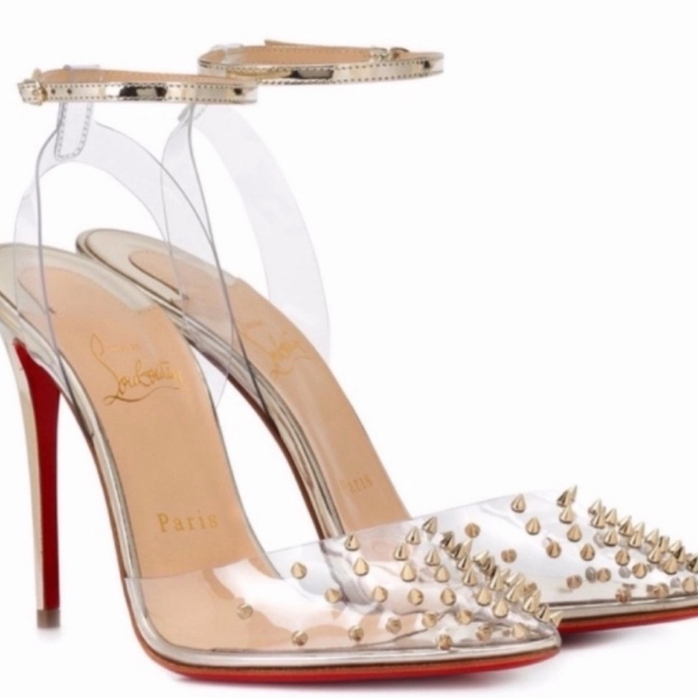 Christian Louboutin Clear PVC Pointed Spike Ankle-Strap Pumps with Gold Accents
